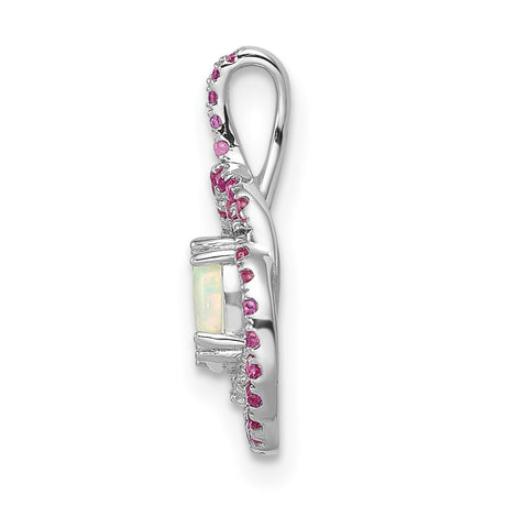14k White Gold Pendant with Oval Opal, Pink Tourmaline, and Diamond Halo Swirl Design