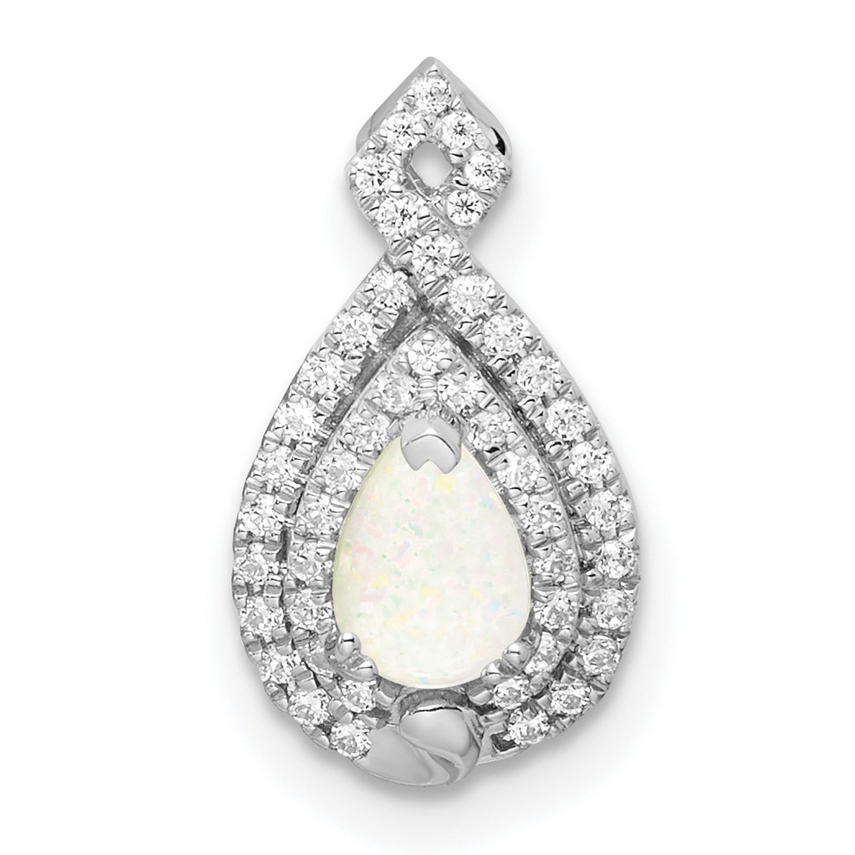 14k White Gold Teardrop Pendant with Opal Center and Diamond Halo Accents