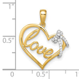14k Two-Tone Gold Heart Pendant with Diamond Bow Accent and Love Script