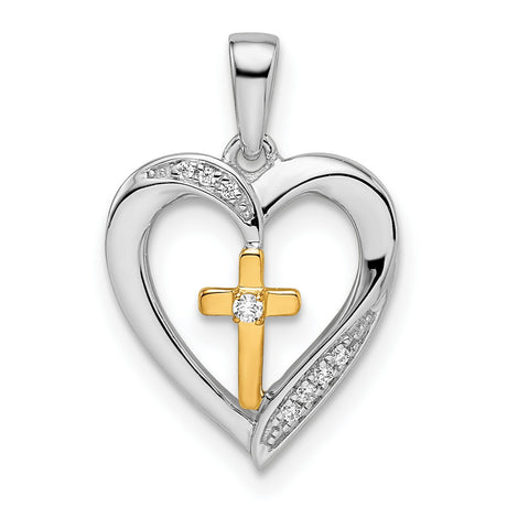 14k Multi-Tone Gold Cross Pendant with Diamond Accent, Beveled Religious Charm