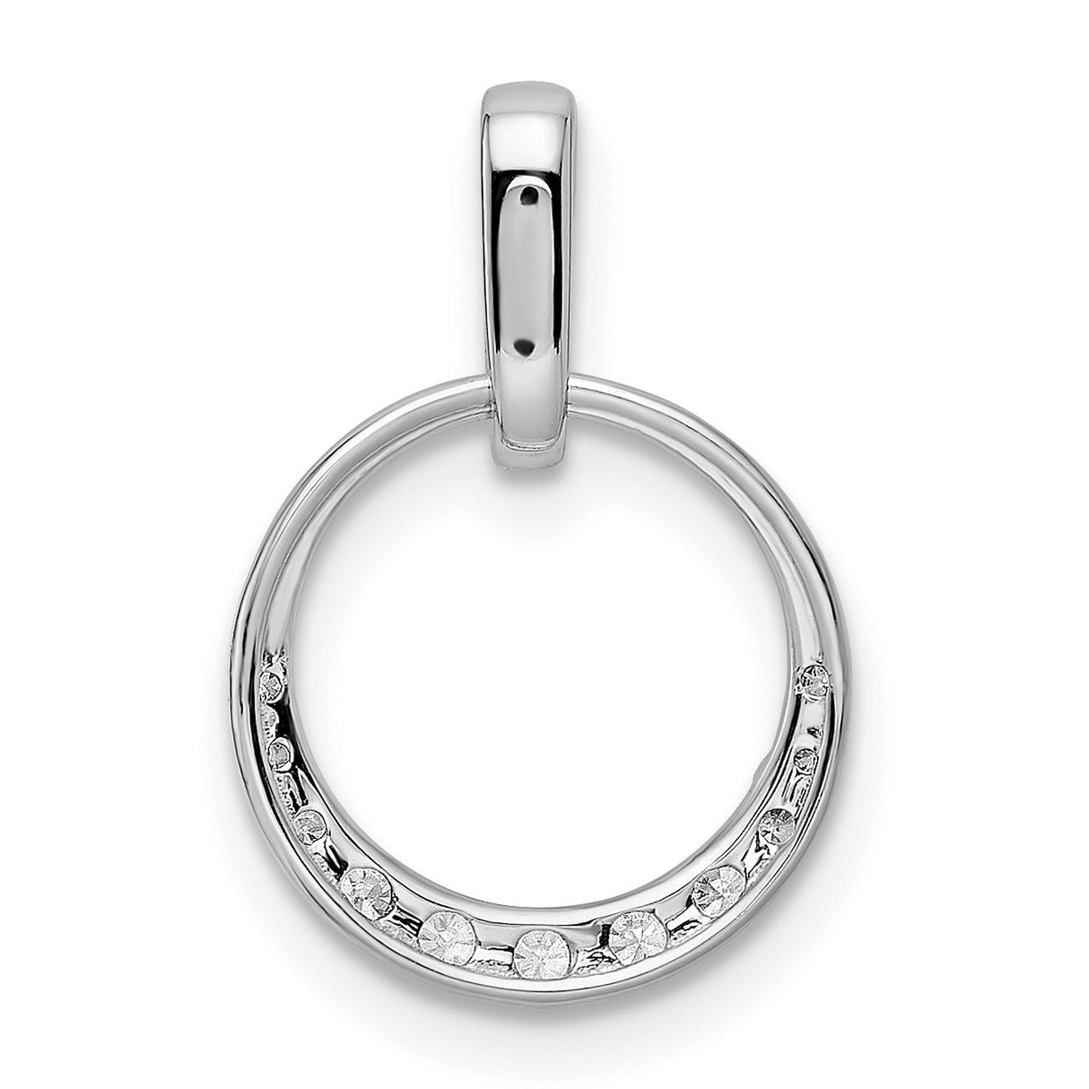 10k White Gold Circle Pendant with Round Cut White Diamonds, Half Pavé Open Design
