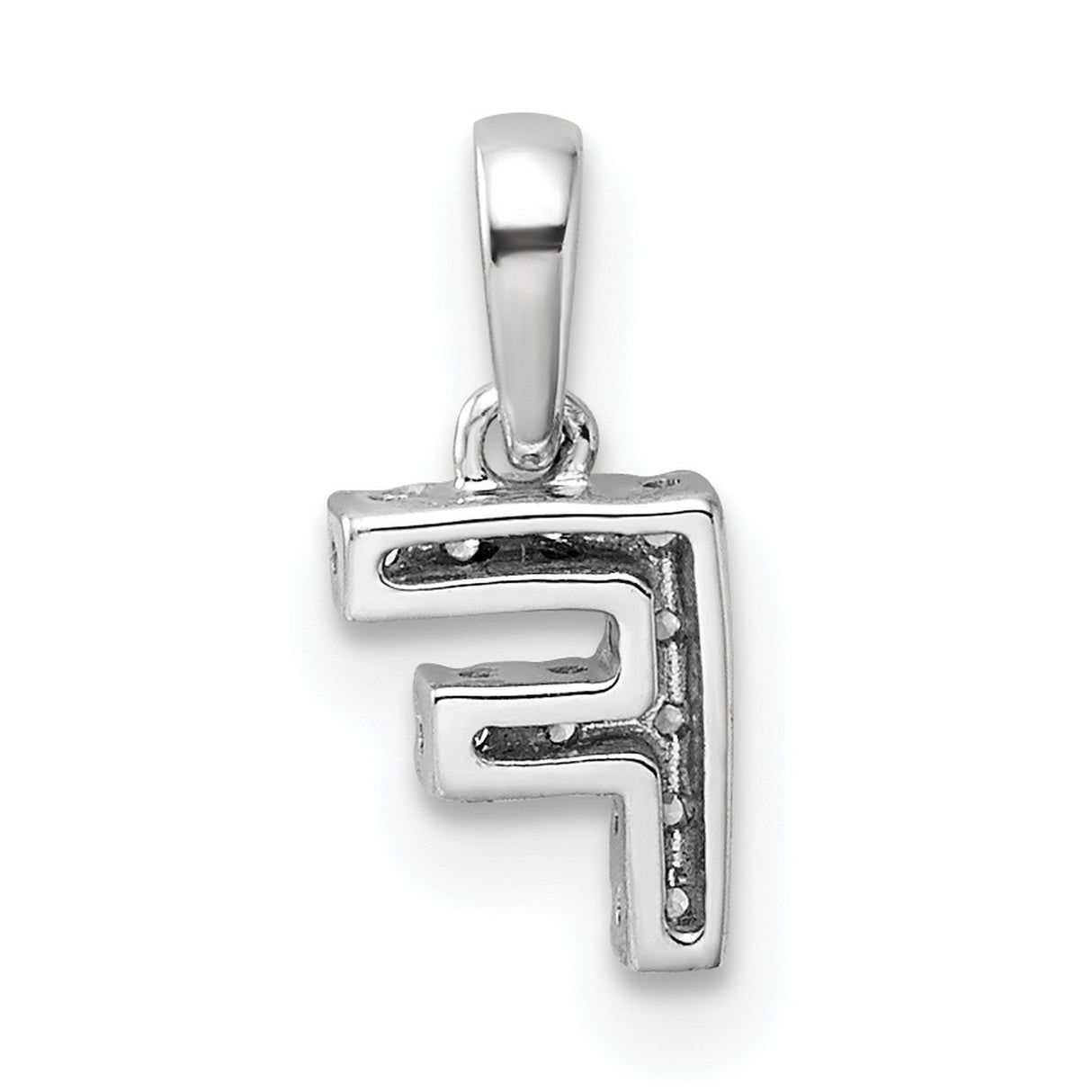 14k White Gold Initial F Pendant with Prong Set Round Diamonds, Block Letter Charm