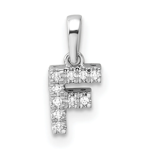 14k White Gold Initial F Pendant with Prong Set Round Diamonds, Block Letter Charm