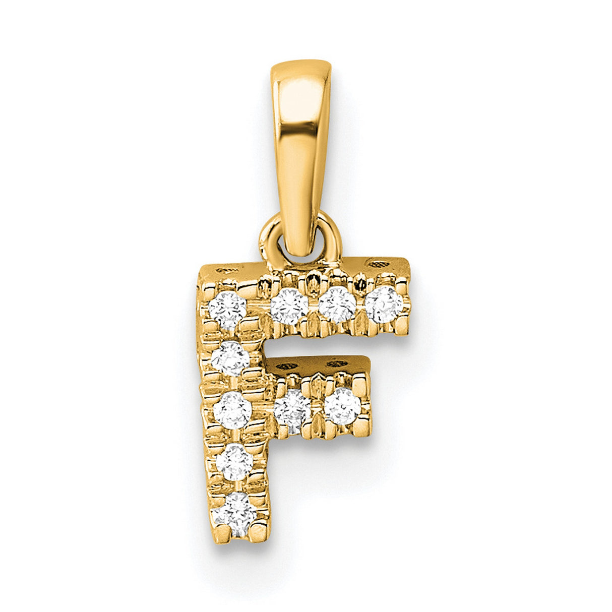 14k Yellow Gold Initial F Pendant with Sparkling White Stone Accent, Block Letter Charm for Women