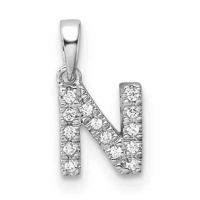 14k White Gold Letter N Pendant with Pave Diamonds, Block Initial Monogram Charm