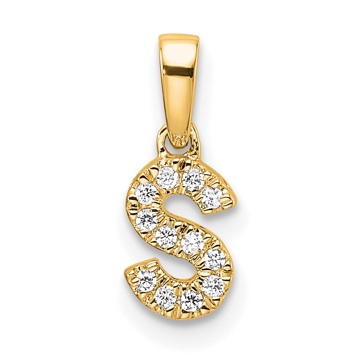 14k Yellow Gold Letter S Pendant with Pavé-Set Round White Stones, Dainty Initial Charm