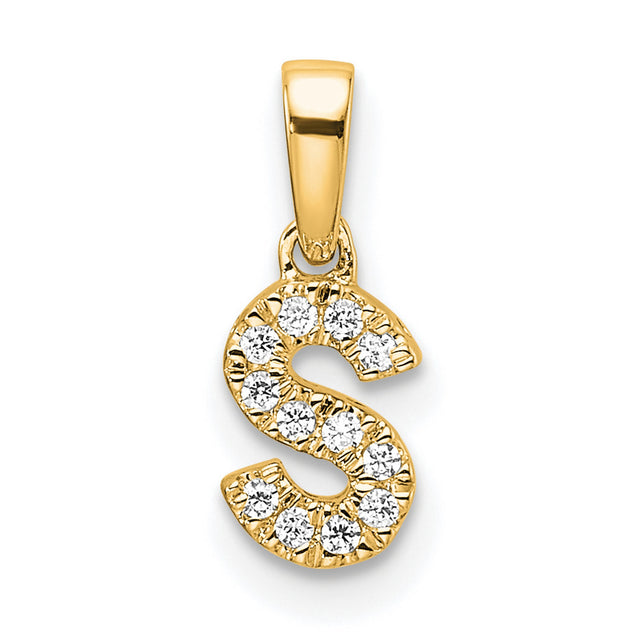 14k Yellow Gold Letter S Pendant with Pavé-Set Round White Stones, Dainty Initial Charm
