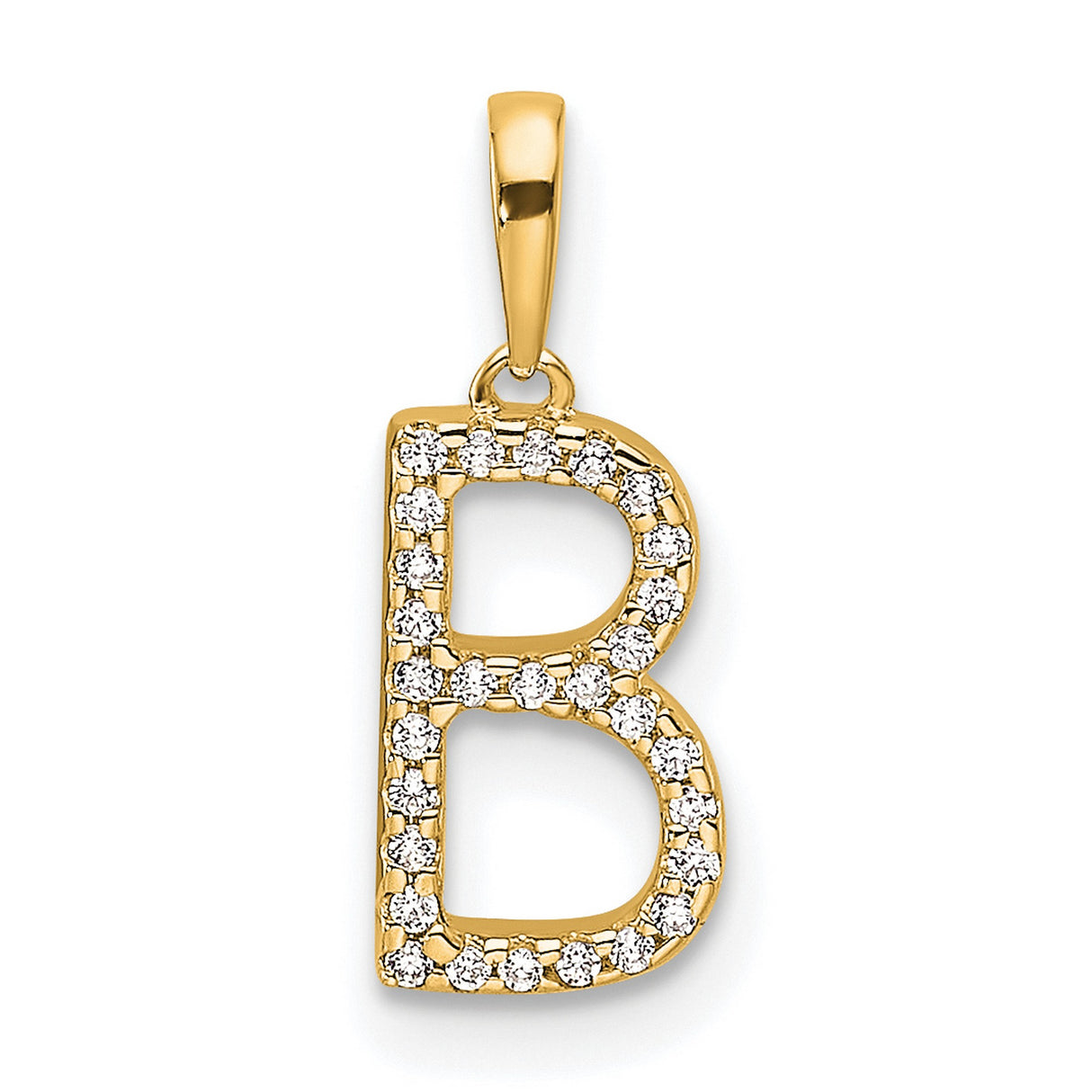 14k Yellow Gold Letter B Pendant with White Cubic Zirconia, Block Initial Charm