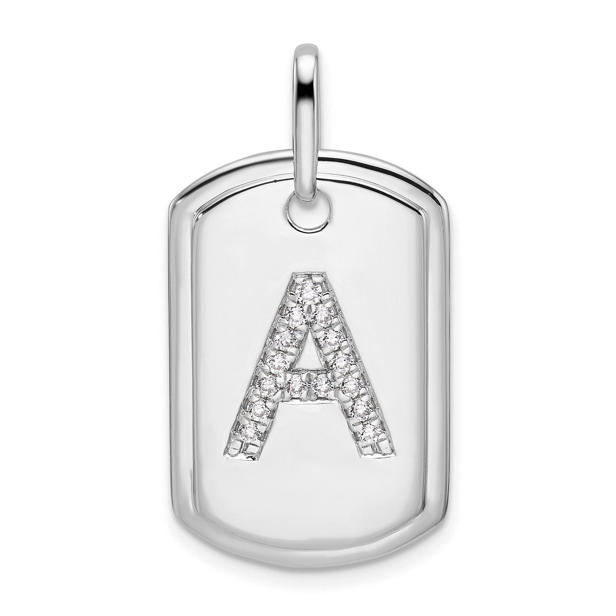 14k White Gold Dog Tag Pendant with Pavé Diamond Letter A, Custom Initial Charm