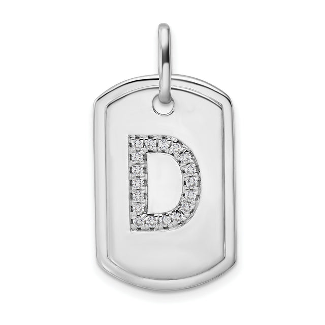 14k White Gold Dog Tag Pendant with Real Diamond, Letter D Initial, Unisex Charm