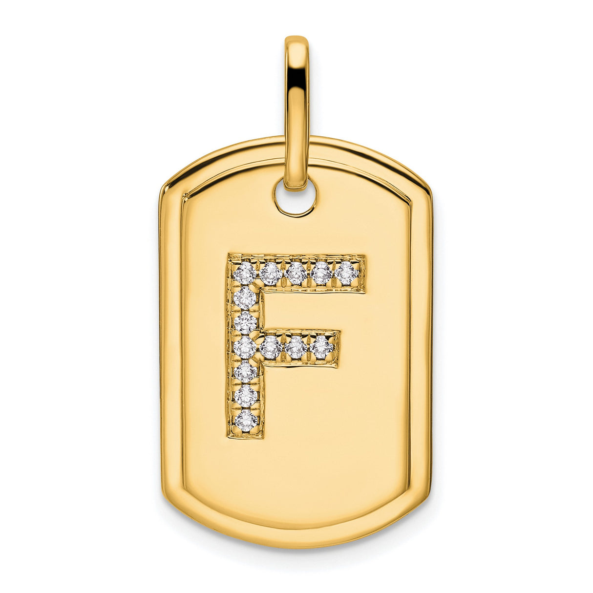 Diamond Initial F Dog Tag Charm Pendant in Real 14k Yellow Gold