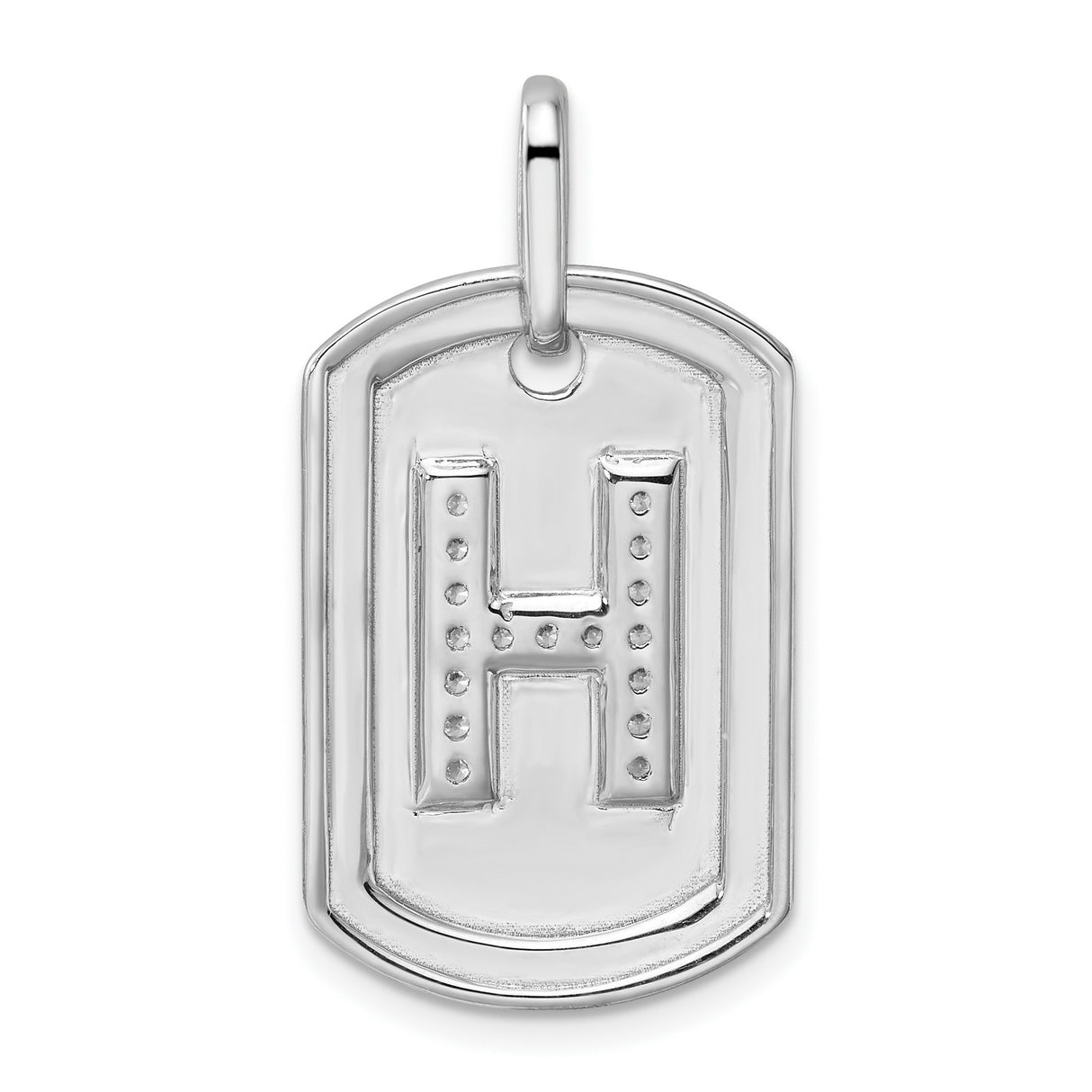 14k White Gold Dog Tag Pendant with Diamond Letter H, Unisex Initial Charm
