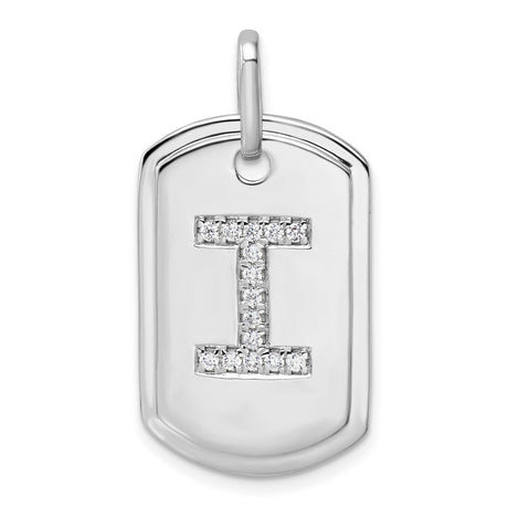 14k White Gold Dog Tag Pendant with Diamond Accent, Bold Letter I, Modern Minimalist Charm