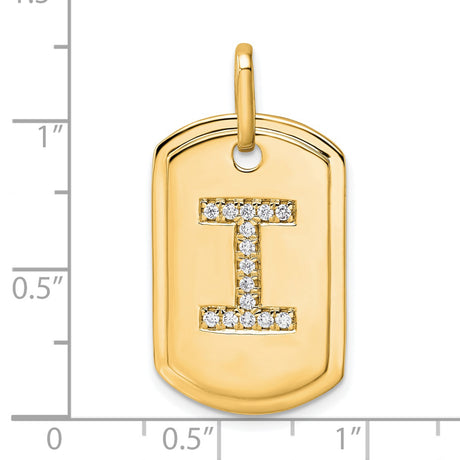 14k Yellow Gold Dog Tag Pendant with Pavé Diamond Letter I, Dainty Custom Alphabet Charm
