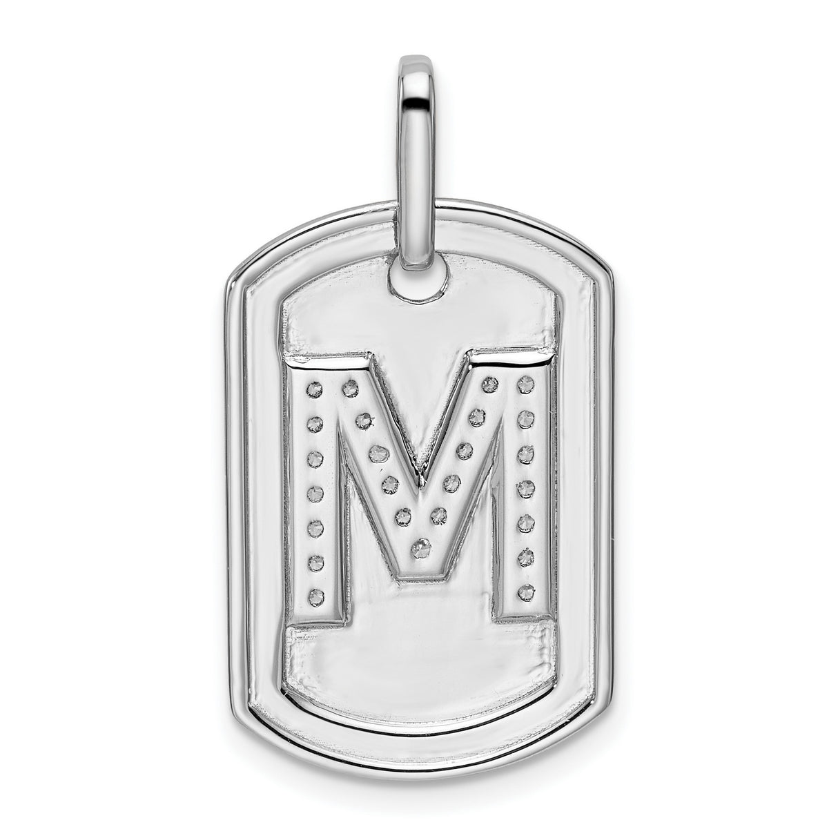 14k White Gold Dog Tag Pendant with Pavé Diamond Letter M Initial, Minimalist Charm