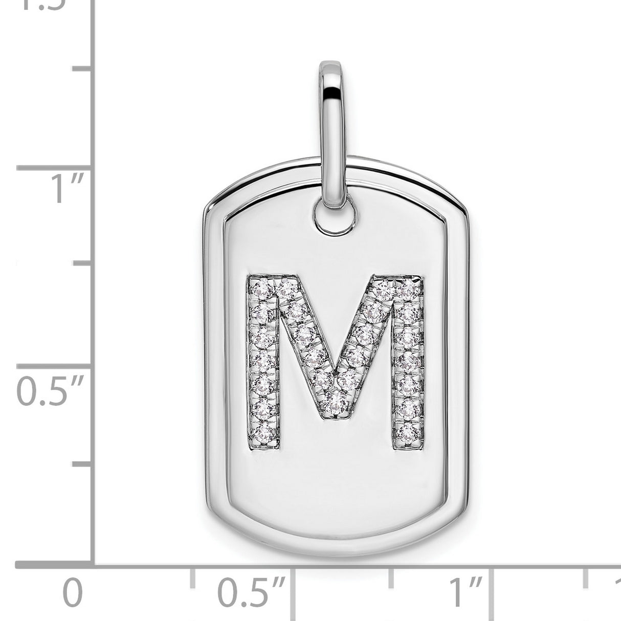 14k White Gold Dog Tag Pendant with Pavé Diamond Letter M Initial, Minimalist Charm
