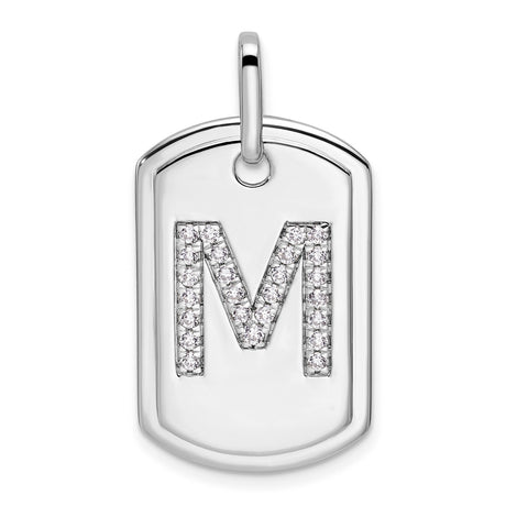 14k White Gold Dog Tag Pendant with Pavé Diamond Letter M Initial, Minimalist Charm