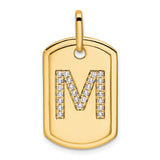 14k Yellow Gold Dog Tag Pendant with Pavé Diamond Letter M Initial Charm