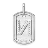 14k White Gold Dog Tag Pendant with Pavé Diamond Letter N, Unisex Initial Charm
