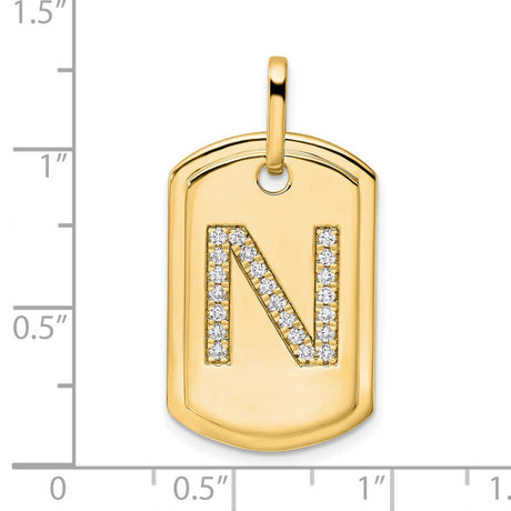 14k Yellow Gold Dog Tag Pendant with Pavé Diamond Letter N, Minimalist Initial Charm