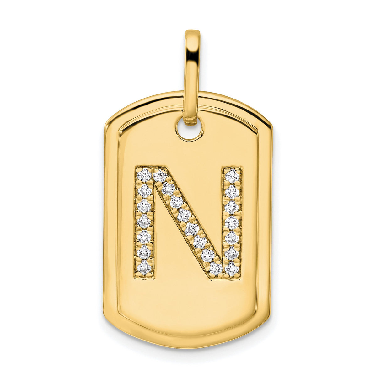 14k Yellow Gold Dog Tag Pendant with Pavé Diamond Letter N, Minimalist Initial Charm