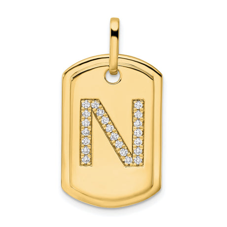 14k Yellow Gold Dog Tag Pendant with Pavé Diamond Letter N, Minimalist Initial Charm