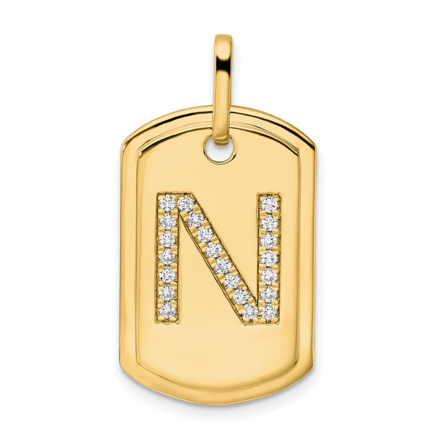 14k Yellow Gold Dog Tag Pendant with Pavé Diamond Letter N, Minimalist Initial Charm