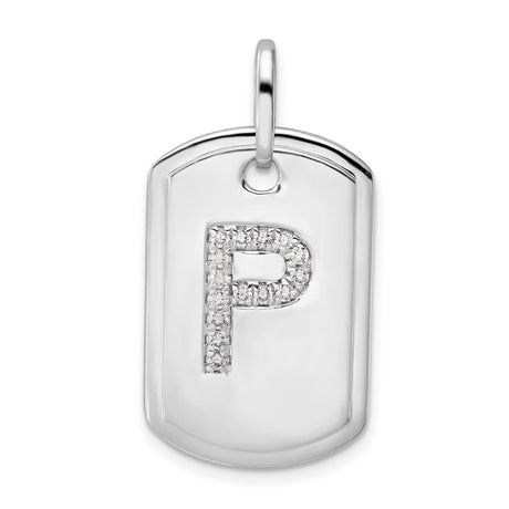Diamond Initial P Dog Tag Charm Pendant in Real 14k White Gold