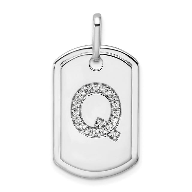 14k White Gold Dog Tag Pendant with Diamond Accent Letter Q, Custom Initial Charm
