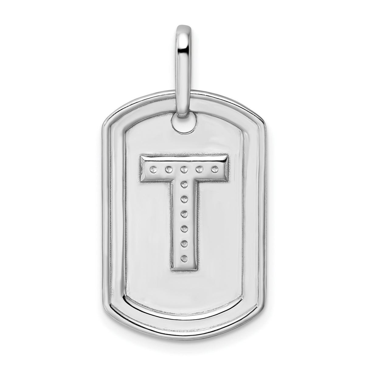 14k White Gold Pendant with Diamond Accent, Block Letter T Dog Tag Charm, Polished Initial
