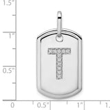 14k White Gold Pendant with Diamond Accent, Block Letter T Dog Tag Charm, Polished Initial