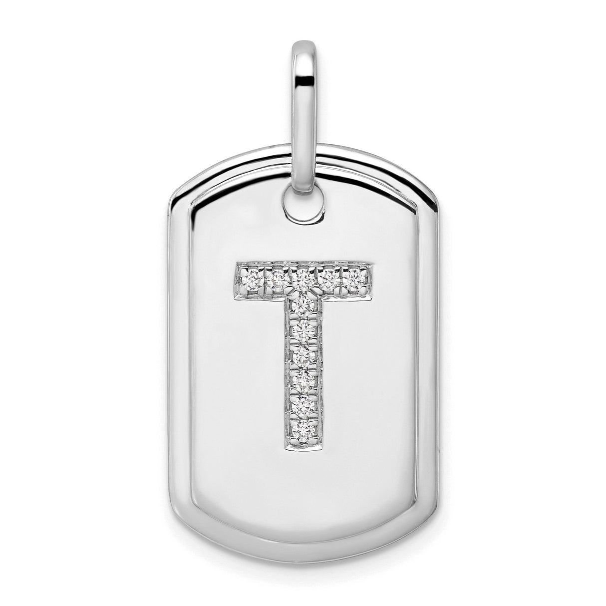 14k White Gold Pendant with Diamond Accent, Block Letter T Dog Tag Charm, Polished Initial