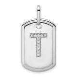 14k White Gold Pendant with Diamond Accent, Block Letter T Dog Tag Charm, Polished Initial