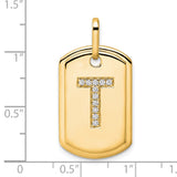 14k Yellow Gold Pendant with Pavé Diamond Letter T on Dog Tag Plate Charm
