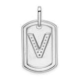 14k White Gold Dog Tag Pendant with Pavé Diamond Letter V, Modern Alphabet Charm