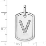14k White Gold Dog Tag Pendant with Pavé Diamond Letter V, Modern Alphabet Charm