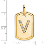 14k Yellow Gold Dog Tag Pendant with Pavé Diamond Letter V, Monogram Charm