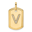 14k Yellow Gold Dog Tag Pendant with Pavé Diamond Letter V, Monogram Charm