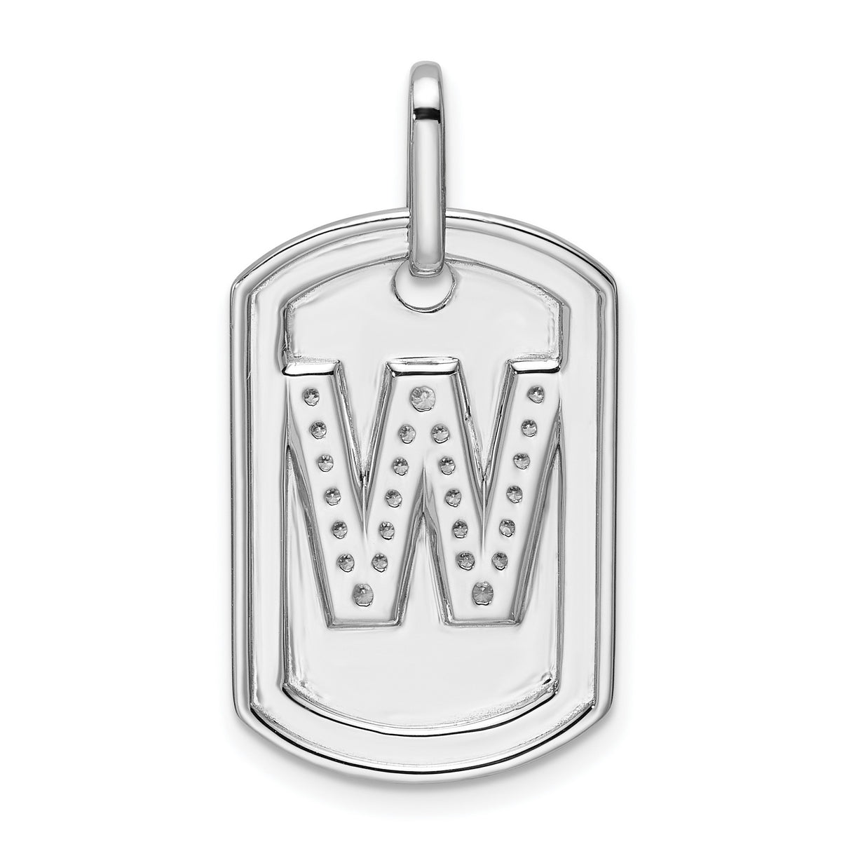 14k White Gold Dog Tag Pendant with Diamond Accent, Letter W Initial Charm