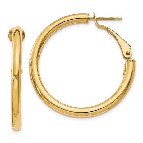 14k Yellow Gold Hoop Earrings, Medium Round Hoops with Hinged Clasp and Polished Finish