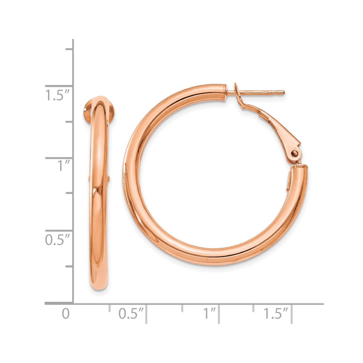 14k Rose Gold Hoop Earrings, Classic Medium Round Hoops with Smooth Polished Finish, Hinged Closure