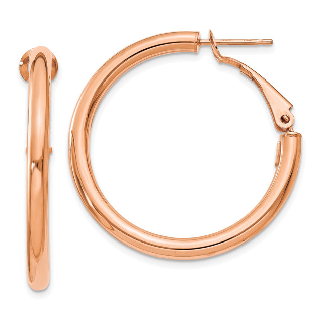 14k Rose Gold Hoop Earrings, Classic Medium Round Hoops with Smooth Polished Finish, Hinged Closure