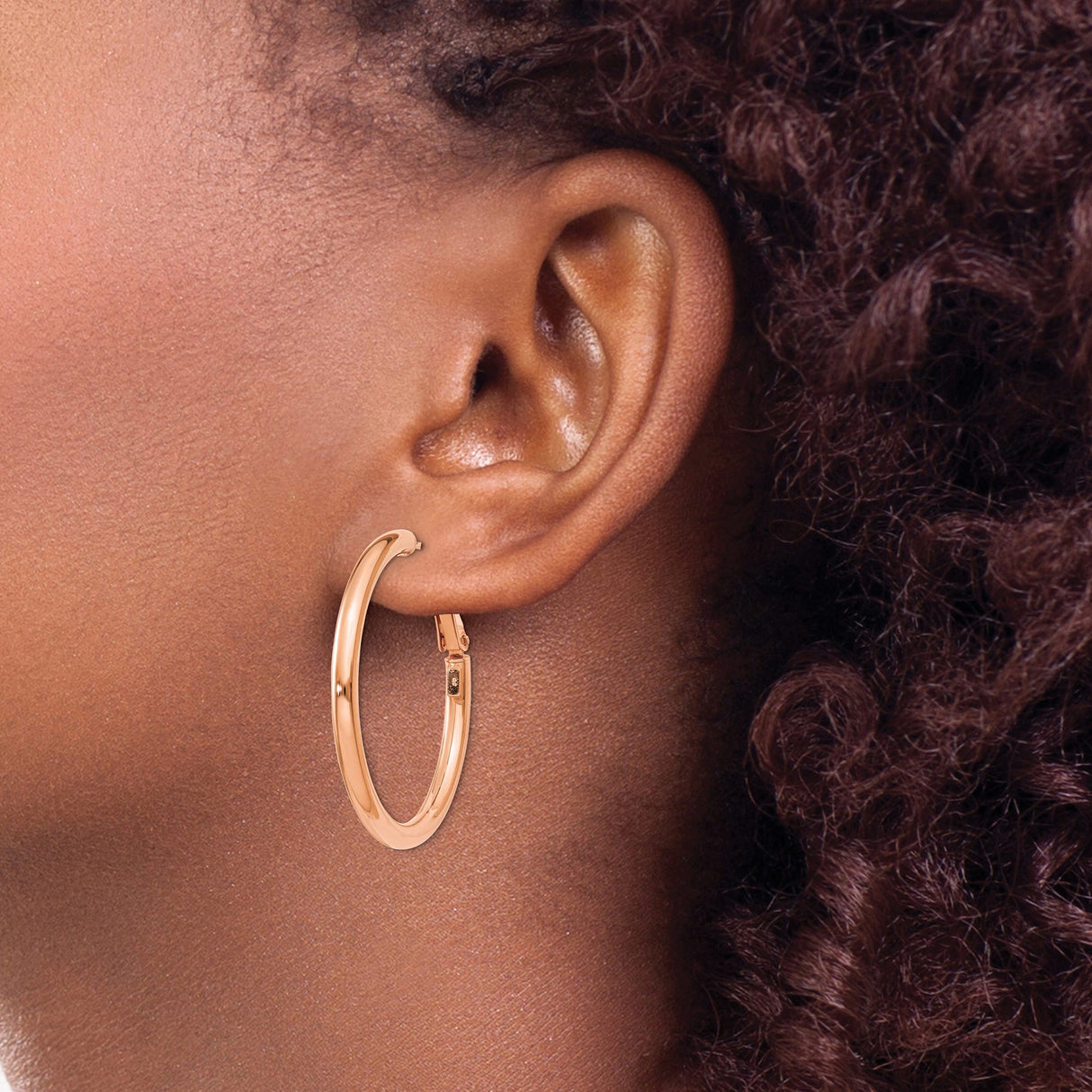 14k Rose Gold Hoop Earrings, Minimalist Polished Finish, Lightweight Omega Back Design