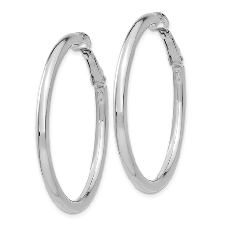 14k White Gold Hoop Earrings, Medium Round Polished Design with Hinged Snap-Back Closure