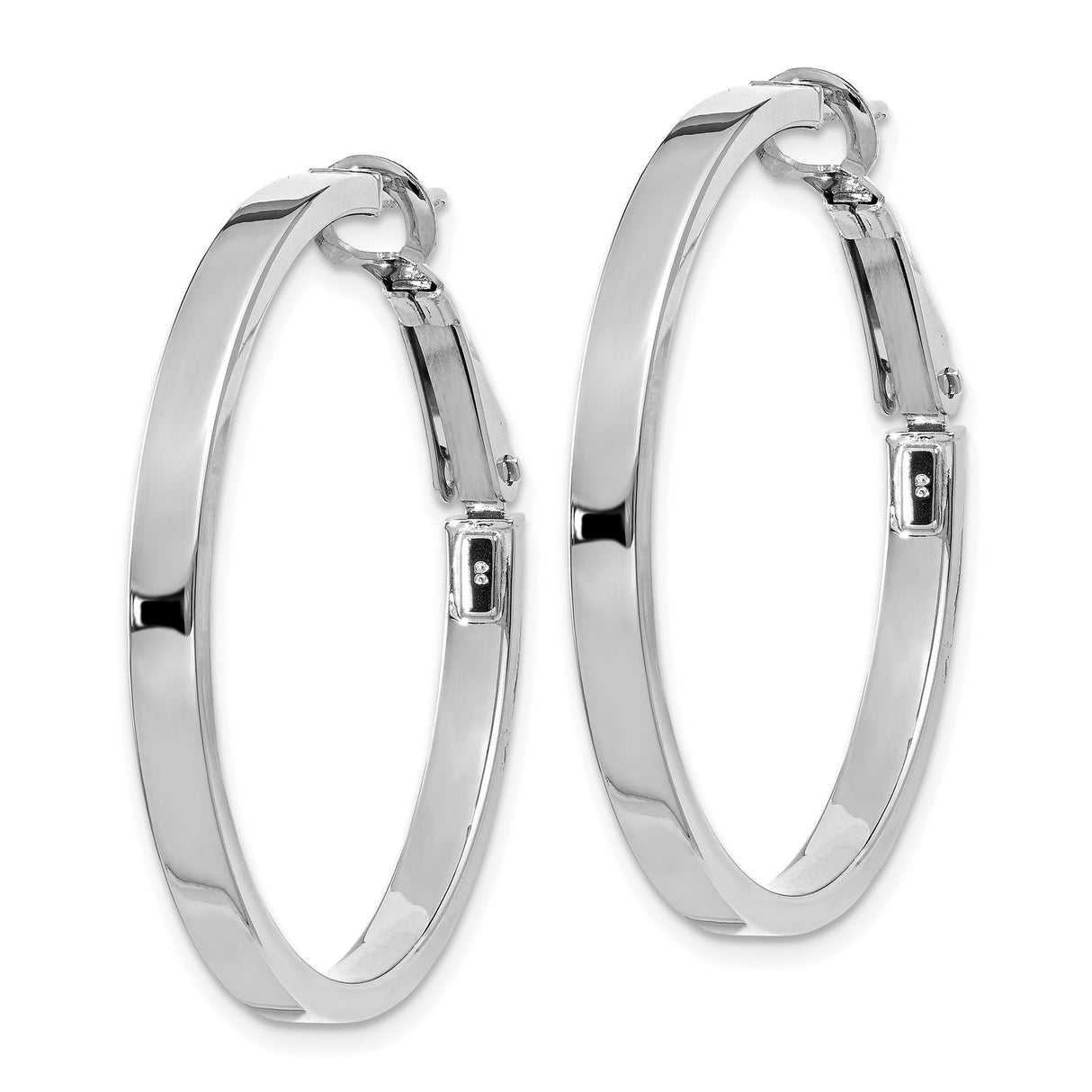 14k White Gold Hoop Earrings, Medium Round Polished Tube Style with Hinged Closure