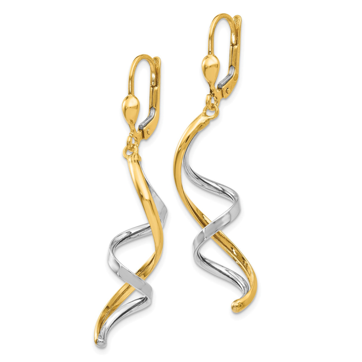 14k Two-Tone Gold Spiral Dangle Earrings with Leverback Hooks, Twisted Drop Design for Women
