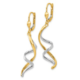 14k Two-Tone Gold Spiral Dangle Earrings with Leverback Hooks, Twisted Drop Design for Women