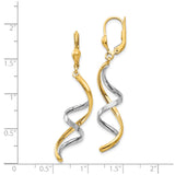 14k Two-Tone Gold Spiral Dangle Earrings with Leverback Hooks, Twisted Drop Design for Women