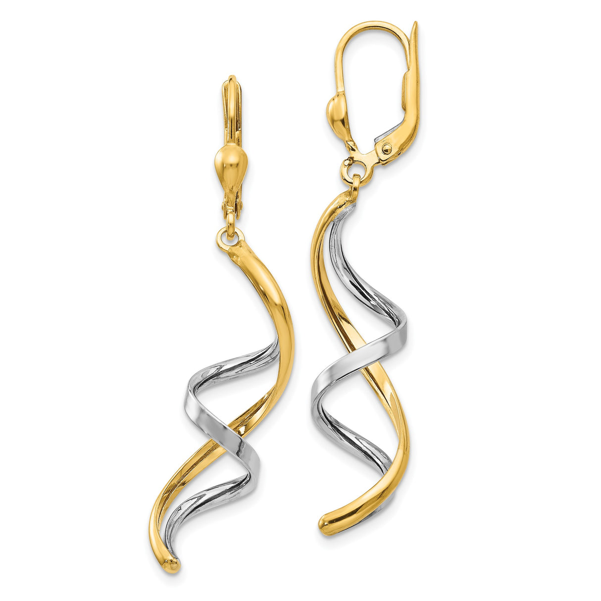 14k Two-Tone Gold Spiral Dangle Earrings with Leverback Hooks, Twisted Drop Design for Women
