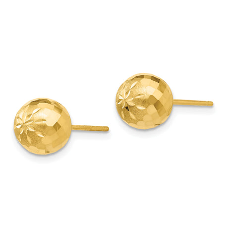 14k Yellow Gold Ball Stud Earrings with Diamond Cut Floral Design, Faceted Mirror Finish